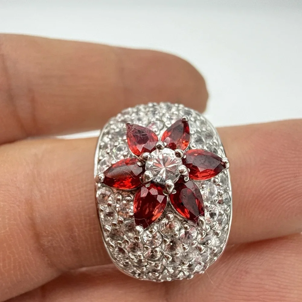 Vtg Sterling Silver 925 Ruby & White Topaz Ring Dome Pave Sz 7 HSN QVC Kelly Ann